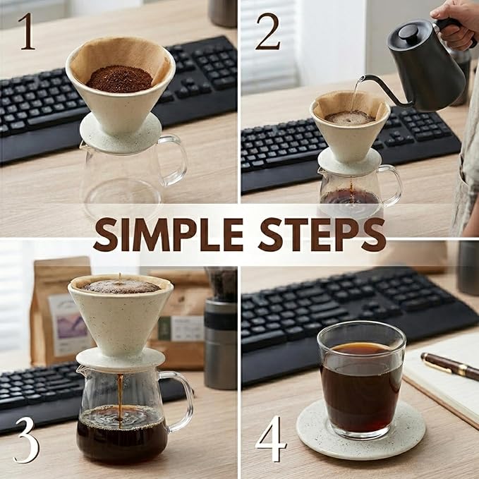 Ceramic Pour Over Coffee Dripper, Reusable Porcelain Portable Pour Over Coffee Maker, Slow Brewing Accessories with 1 Holes for Home, Office, Travel, Camping (Cream)