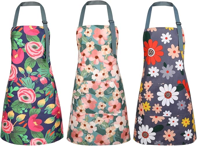 BOUMUSOE 3 Pack Floral Aprons with Pocket, Blooming Womens Aprons | Waterproof Adjustable Cooking Aprons for Kitchen Gardening and Salon by BOUMUSOE