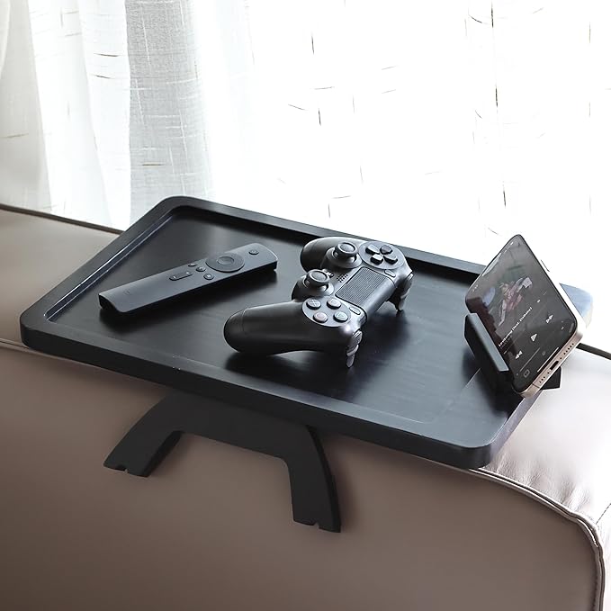 BAMBOO LAND- Couch Arm Tray, Wooden Folding Couch Armrest Table, Black, Rectangular Clip-On Sofa Arm Tray with 360° Rotating Phone Holder