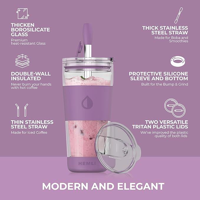 19 oz Clear Double Wall Borosilicate Glass Coffee Tumbler, to Go Travel Mug with Lid, Portable with Straw, Reusable Cup for Tea, Smoothies, Iced Coffee, and Boba