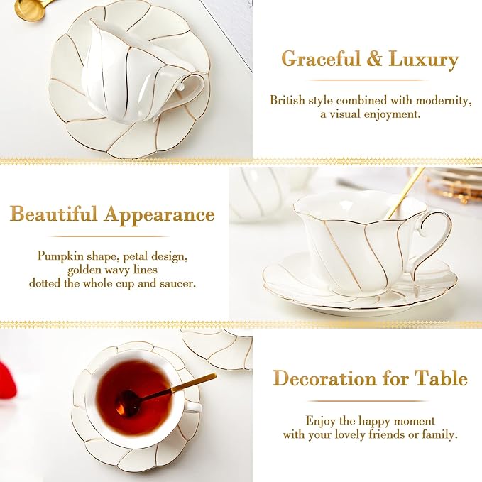 FUNLIO DUJUST Porcelain Tea Cup & Saucer Set, Luxury British Style, Golden Trim, Perfect for Living Room Decoration & Tea Party, Includes Tea Spoon