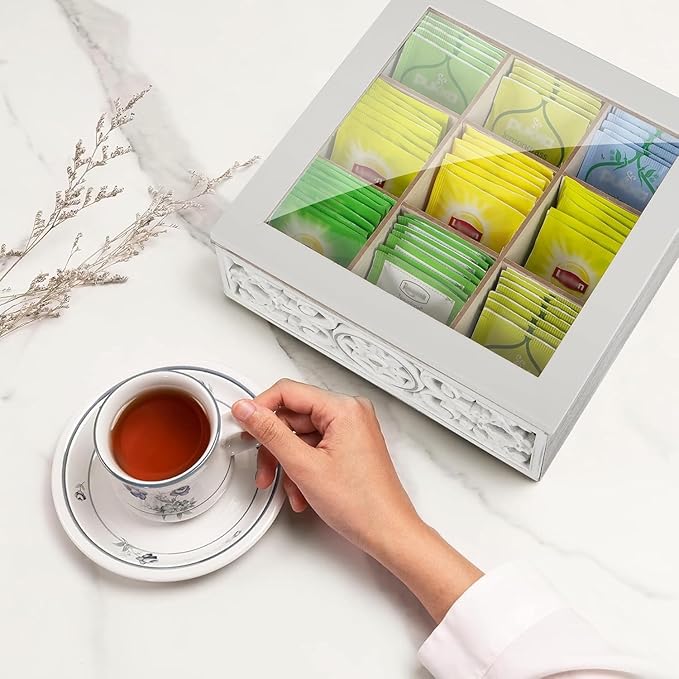 Tea Bag Organizer Wooden Tea Box for Tea Bags, Tea Organizer 9 Compartments Tea Chest Storage Box with Clear Lid, Tea Bag Holder Tea Caddy for Tea Coffee Sugar, Home Kitchen Office, White