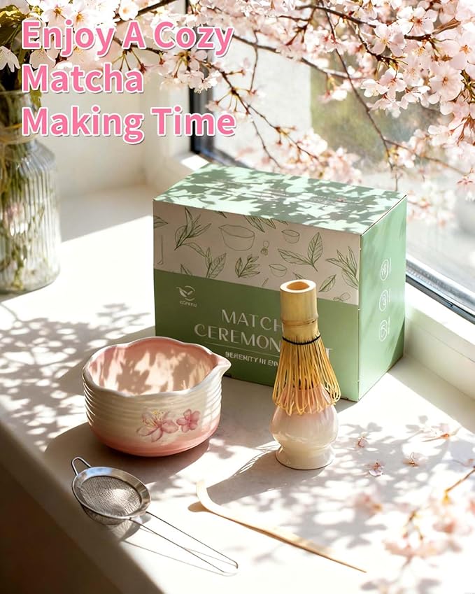 Pottery Matcha Set - Japanese Handcrafted Matcha Tea Bowl Mineral Glaze Bowl with Spout, Bamboo Whisk, Scoop & Chasen Holder | 5pc Tea Ceremony Kit for Matcha Lovers (Sakura Fubuki)