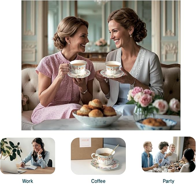 Vintage Floral Porcelain Tea Cup and Saucer Set with Spoon, Gold Trim, 6.4 oz – Set of 2, Teal – Tea & Espresso & Coffee Cups (2, Teal)