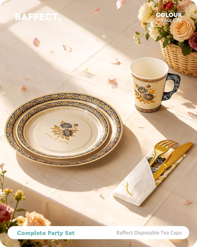 Baffect 145 Pcs Tea Party Supplies, Include Paper Tea Cups With Handle, 9" Garden Tea Party Plates, 7" Floral Saucers, Napkins, Gold Knives, Forks & 1 Disposable Tablecloth (Set Of 24, Blue & Gold)