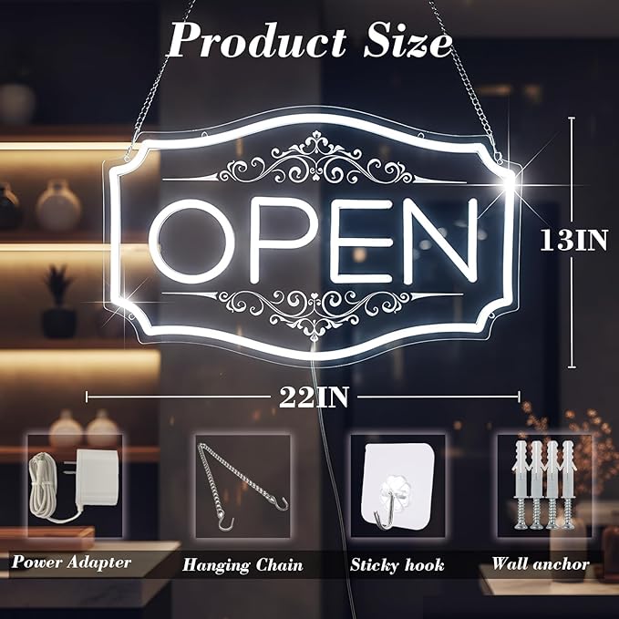 22" x 13" Open Sign for Business, LED Dimmable Neon Open Sign with 12V/2A Adapter, White, Bright LED to Light Up Storefronts, Windows & Walls
