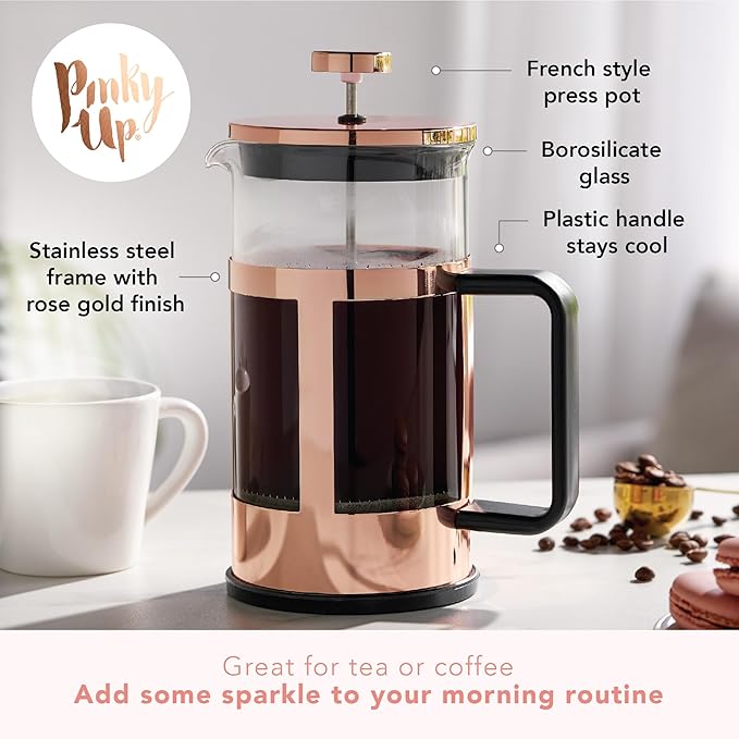 Pinky Up Piper Tea Press Pot, Coffee Maker, French Press for Loose Leaf Tea and Coffee, Hot or Iced Beverage Brewer, 34 oz, Rose Gold