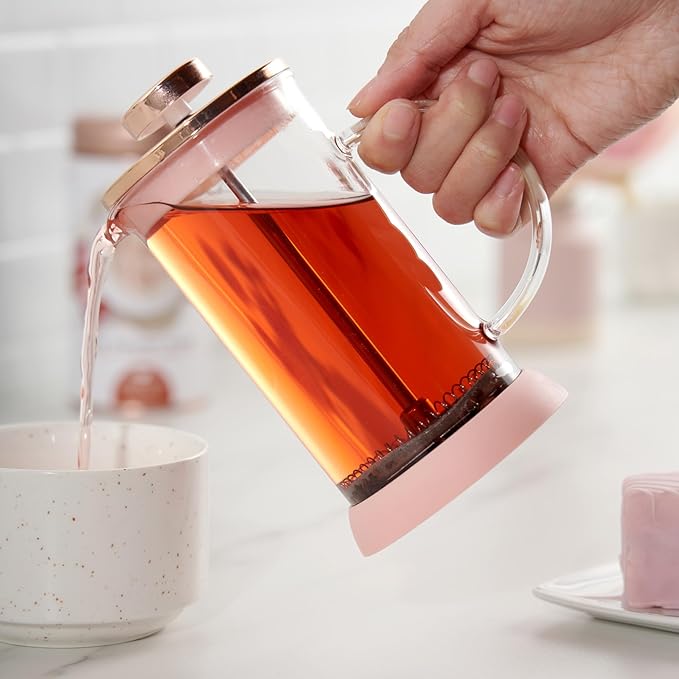 Pinky Up Riley Mini Glass Tea Press Pot, Coffee Maker, French Press for Loose Leaf Tea and Coffee, Hot or Iced Beverage Brewer, 12 oz, Pink