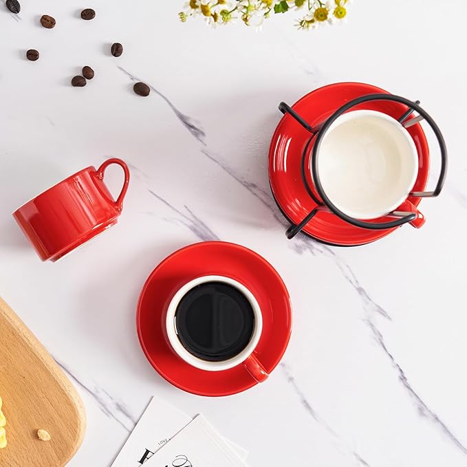 2.5oz Espresso Cups Set of 4, Porcelain Stackable Espresso Cups with Saucers and Metal Stand Set, Red Expresso Shots Cup Set