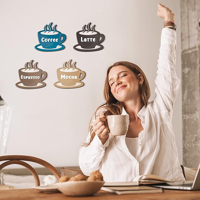 Blulu 4 Pieces Coffee Wooden Wall Art Decor Wooden Coffee Cup Signs Espresso, Latte, Mocha - Rustic Farmhouse and Vintage Cafe Wall Decor
