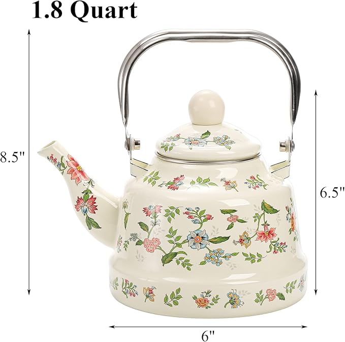 Jucoan 1.8 Quart Vintage Enamel Stovetop Tea Kettle, Retro Green Floral Enamel on Steel Teapot with Removable Infuser for Camping, Gift for Wedding Housewarming Easter