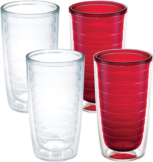 Tervis Clear & Colorful Tabletop Made in USA Double Walled Insulated Tumbler Travel Cup Keeps Drinks Cold & Hot, 16oz - 4pk, Clear and Red