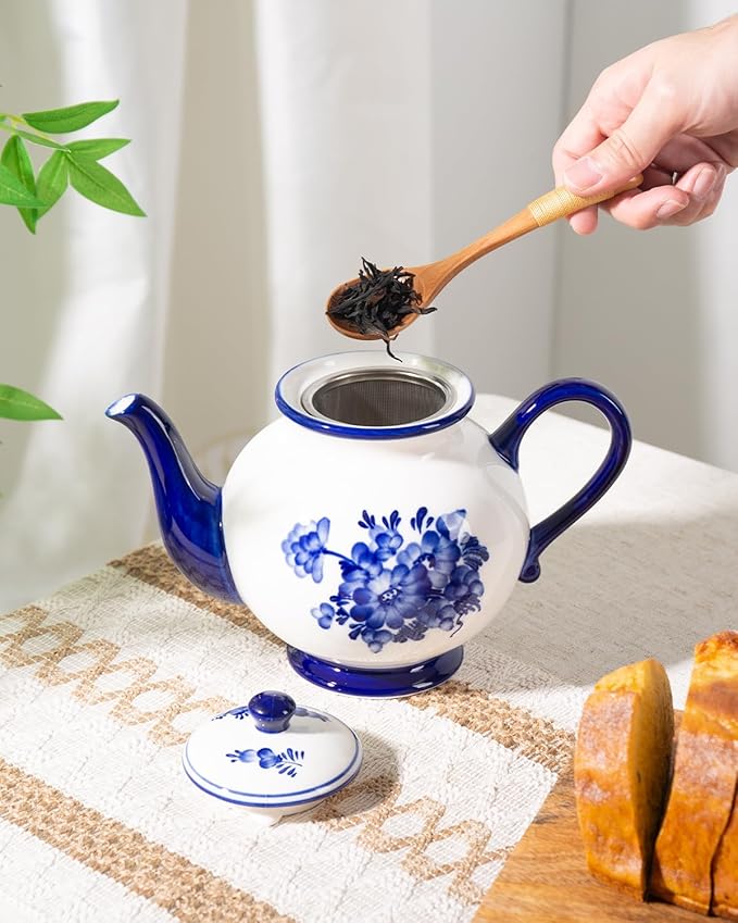 45 Ounce Tea Pot with Infuser, Ceramic Blue and White Teapot, Flowers