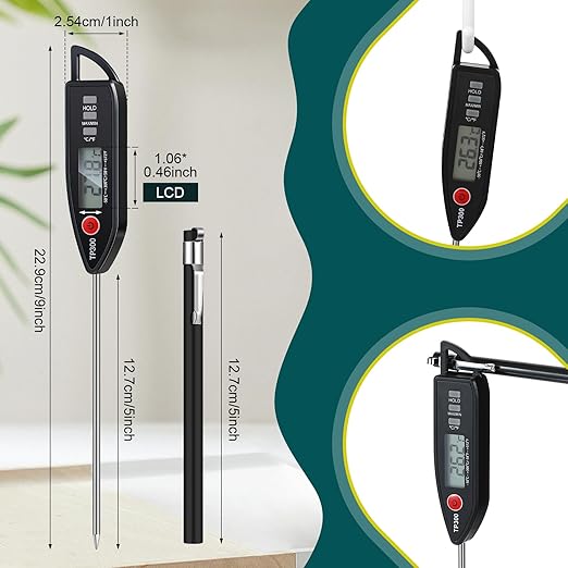 12 Set Waterproof Food Thermometer for Water, Liquid, Candle and Cooking Digital Meat Thermometer with Long Probe Instant Read for Kitchen BBQ Grill Candy (Black)