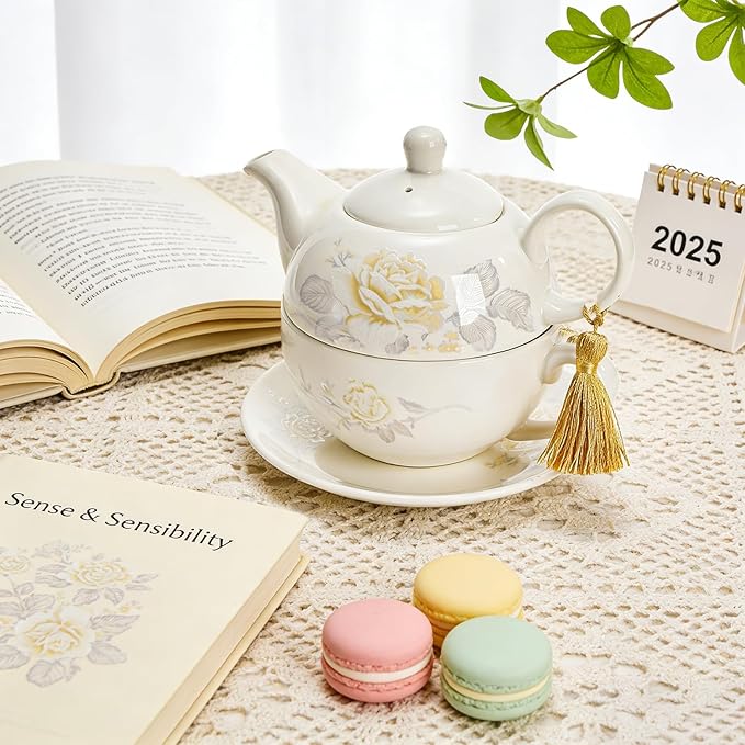 Tea for One Set, Porcelain Floral Teapot Cup Saucer Set with Tassel Decorative, Vintage Bone China Teapot Rose Pattern Gift for Women Home Office, Dishwasher, Microwave Safe