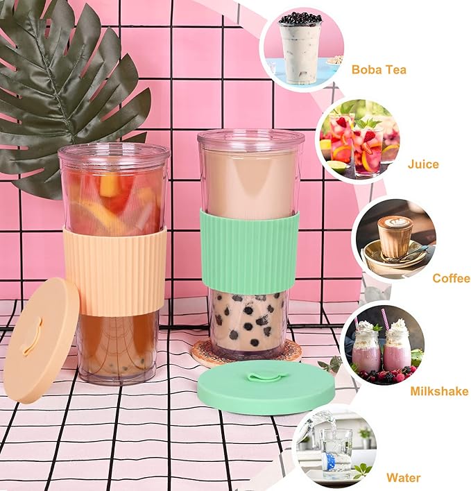 2 Pack Reusable Boba Tea Cups, 24oz Iced Coffee Cup with Straw and Lid, Leakproof Clear Plastic Cups Tumbler, Double Wall Insulated Smoothie Tumbler, Wide Straw for Bubble Tea, Green & Orange