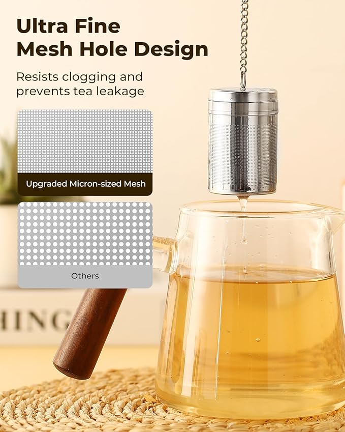 Tea Infusers for Loose Leaf Tea, Extra Fine Mesh Tea Strainer, Updated Slim Threaded Lid 304 Stainless Steel Tea Steeper with Drip Tray for Tea, Spices & Seasonings