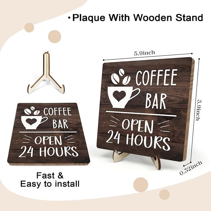 Coffee Bar Sign Plaque Decor, Vintage Farmhouse Kitchen Counter Sign for Coffee Station Kitchen Office,Cafe Bar Accessories, Open 24 Hours Mini Bar Decor(Brown4, 5.9x5.9inches)