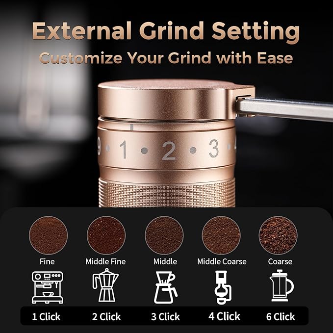 Bincoo Manual Coffee Grinder Manual Foldable Handle– Espresso Hand Coffee Grinder Burr,Compact and Portable for Home/Travel/Camping(Champagne)