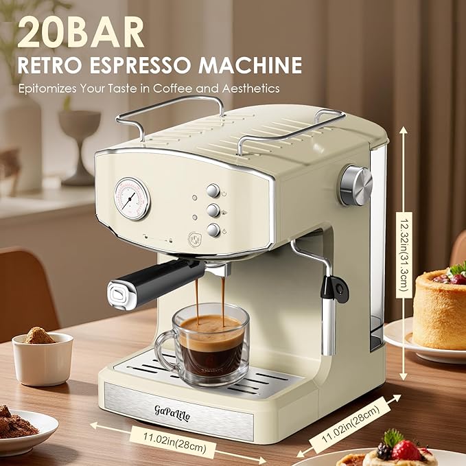 Retro-Style 20 Bar Espresso Machine with Milk Frother, ESE Pod Compatible Coffee Make with Pressure Gauge, 54 oz Food-Grade PP Removable Water Tank, Ideal for Home Barista,Beige