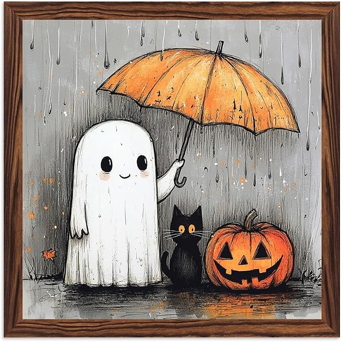 Whimsical Halloween Decorative Sign Black Cat, Ghosts & Pumpkin Wooden Sign, With Frame Sign for Home Office, Cafe, Bedroom Halloween Decor 7.87x7.87 Inch by Nwijvsn