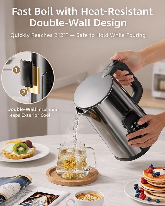 Electric Kettle with Temperature Control, 1.7L Stainless Steel Hot Water Kettle, 5 Presets, 2H Keep Warm, Fast Boil, Matte Black with Stainless Steel Coffee Filter Included