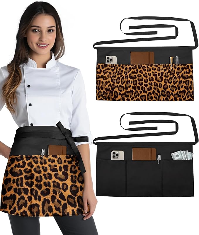 Slohif Reversible Server Apron 6 Pockets - Waist Apron for Waitress Women Half Serving Short Apron for Waiter by Slohif