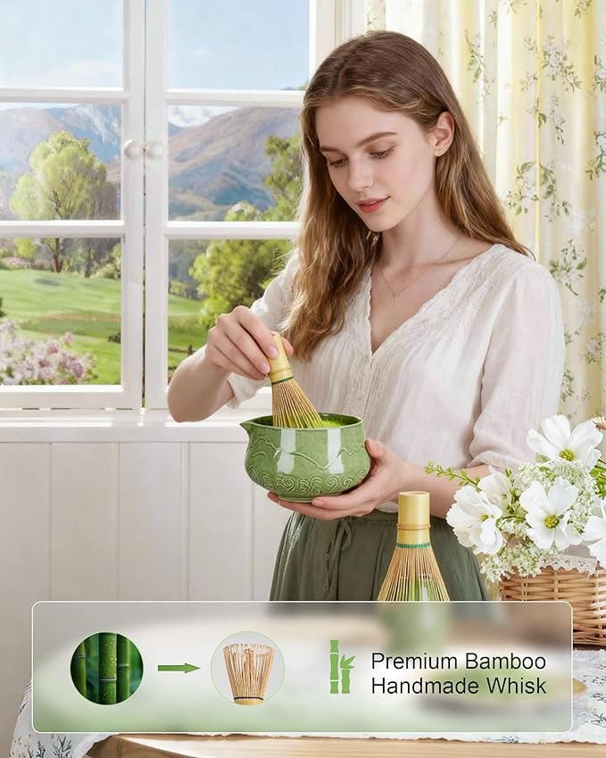 ZENS Matcha Whisk Set, 6Pcs Matcha Kit Set Includes Ceramic Bowl, Bamboo Whisk and Chasen Holder,Scoop, 304 Stainless Sifter & Tea Mat, Matcha Set for Tea Ceremony, Blue
