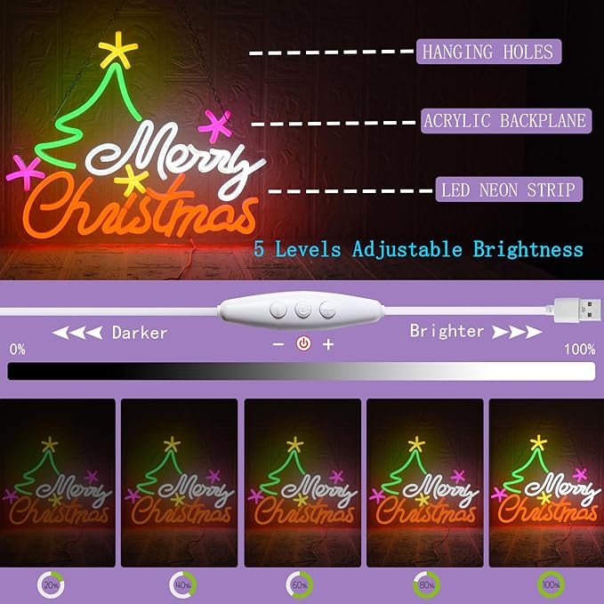 Merry Christmas Neon Sign for Wall Decor, Christmas Tree Neon Light USB Dimmable Colorful Neon Signs for for Bedroom, Home Bar, Party Decorations Teens Family Gifts