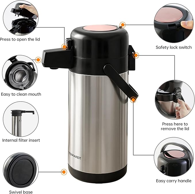 Airpot Coffee Dispenser with Pump,102 OZ/ 3L Large Coffee Dispenser with Tea Filter for Party Hot Drinks Water Tea Chocolate Hot/Cold Water, Insulated Stainless Steel Thermal Carafes