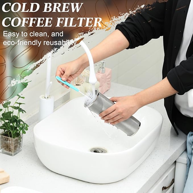 Cold Brew Coffee Filter with Brush Tea Infuser Strainer for 1 Gallon/128 oz Wide Mouth Mason Jar 304 Stainless Steel Food Grade with Sealing Ring for Iced Drink Fruit Tea Coffee Maker