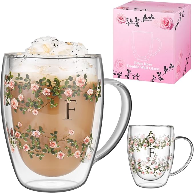 Initial Glass Cup for Women, 12oz Rose Double Walled Glass Coffee Mugs, Personalized Gifts for Women, Initial Coffee Tea Mug with Scarf, Birthday Wedding Gifts for Her Mom Teacher (ROSE-F)