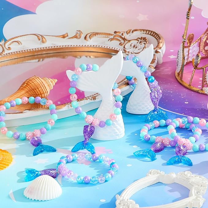Ecally 6 Pcs Mermaid Party Favors Mermaid Beaded Bracelet Bulk Ocean Party Supplies Costume Jewelry Princess Birthday Classroom Prize Gifts Cute Toddlers Little Girls