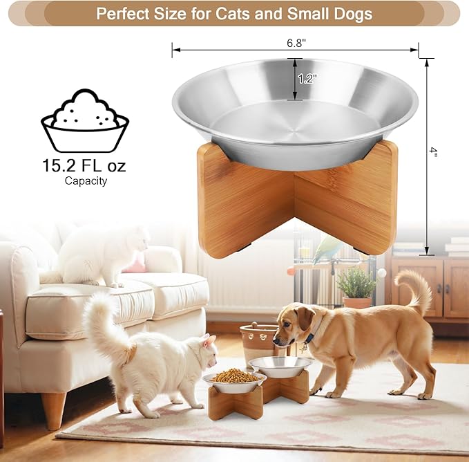 Elevated Cat Bowl with Bamboo Stand, 6.8" Extra Wide Shallow Raised Stainless Steel Cat Bowls Whisker Friendly