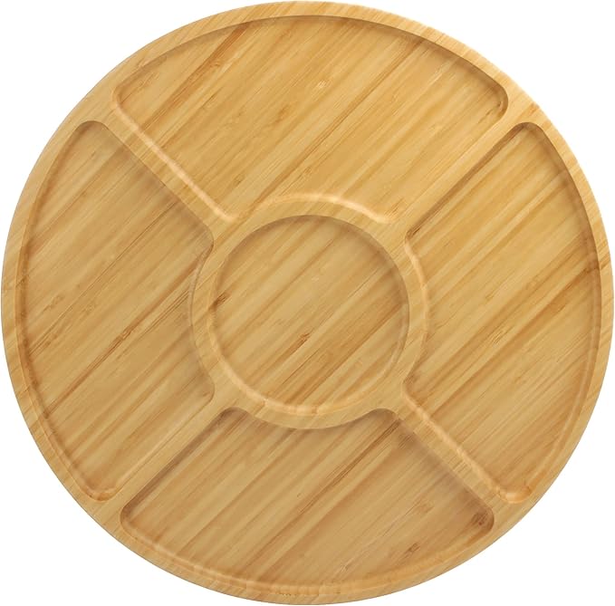 BambooMN Natural 15" Bamboo Round 5 Compartment Serving Tray/Platter, Charcuterie Board, Perfect for Snacks, Party Platter, Appetizers - 3 Trays