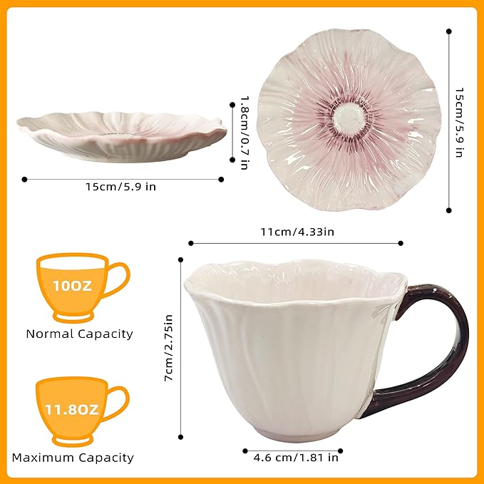 JUSONEY 10 oz Tea Cups and Saucers, Ceramic Flower-shaped Cappuccino Cup, Latte Cup and Saucer set, elegant floral Espresso Cup set, cups are microwave and dishwasher safe-Purple