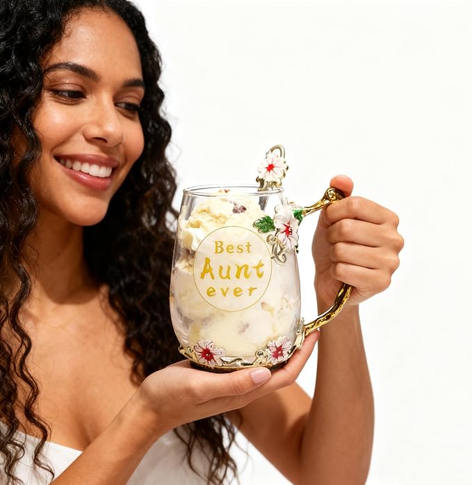 Best Aunt Ever Printed Flower Tea Glass - Hidden in Socks, Perfect Christmas Thanksgiving Gift for Aunt Auntie or Neighbor