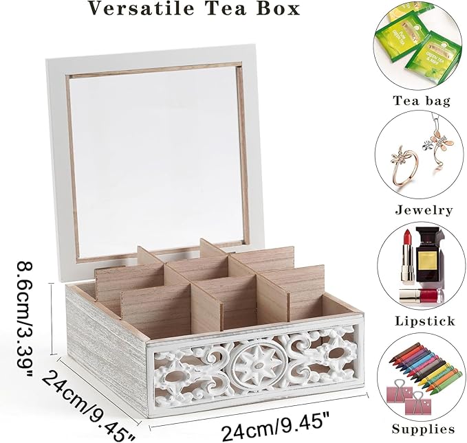 Tea Bag Organizer Wooden Tea Box for Tea Bags, Tea Organizer 9 Compartments Tea Chest Storage Box with Clear Lid, Tea Bag Holder Tea Caddy for Tea Coffee Sugar, Home Kitchen Office, White