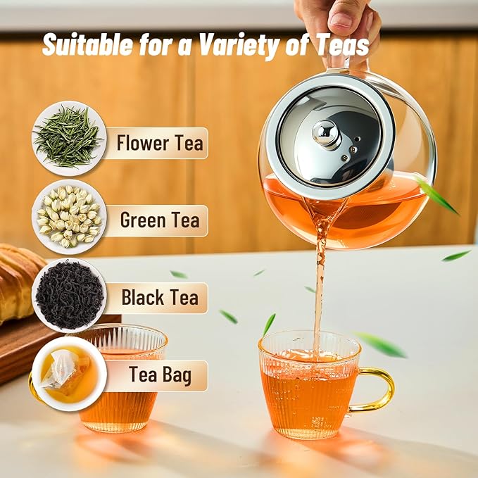 Glass Teapot Stovetop 22 OZ/650ml, Tea pot with Removable 18/8 Stainless Steel Infuser, Borosilicate Clear Tea Kettle, Teapot Blooming and Loose Leaf Tea Maker Tea Brewer for Camping, Travel