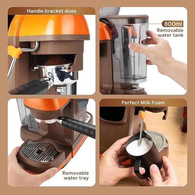 20 Bar Espresso Machine with Grinder & Steam Wand - Semi Automatic Coffee Maker, NTC Intelligent Temp Control, 58mm Stainless Steel Portafilter, One-Touch Panel for Home Barista (Removable Water Tank)