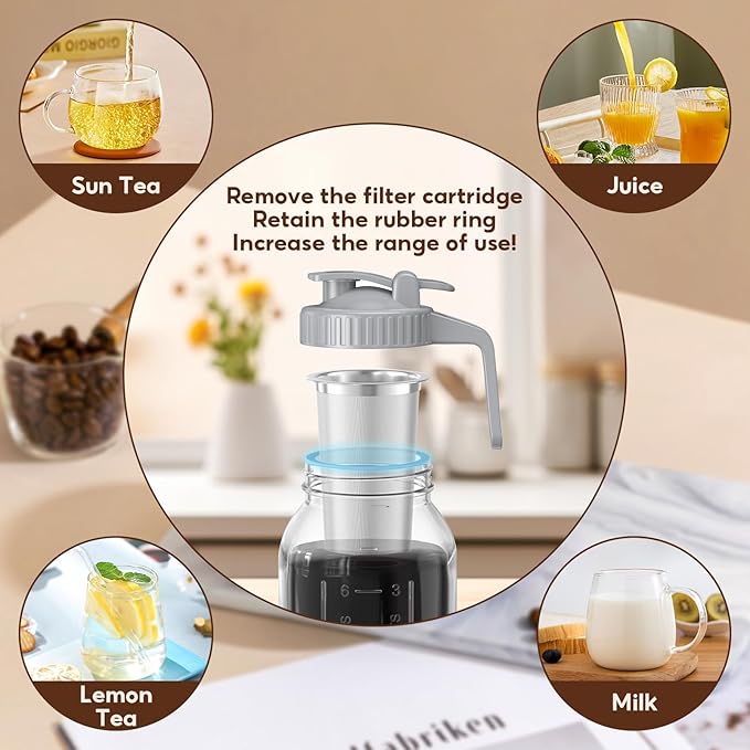 2 Pack 64 oz Cold Brew Coffee Maker Jar - Thick Glass Cold Brew Maker with Handle, Stainless Steel Filter & Leak-Proof Lid, Cold Brew Pitcher for Iced Coffee,Tea and Milk (2 Quart / 1.9 Liter)
