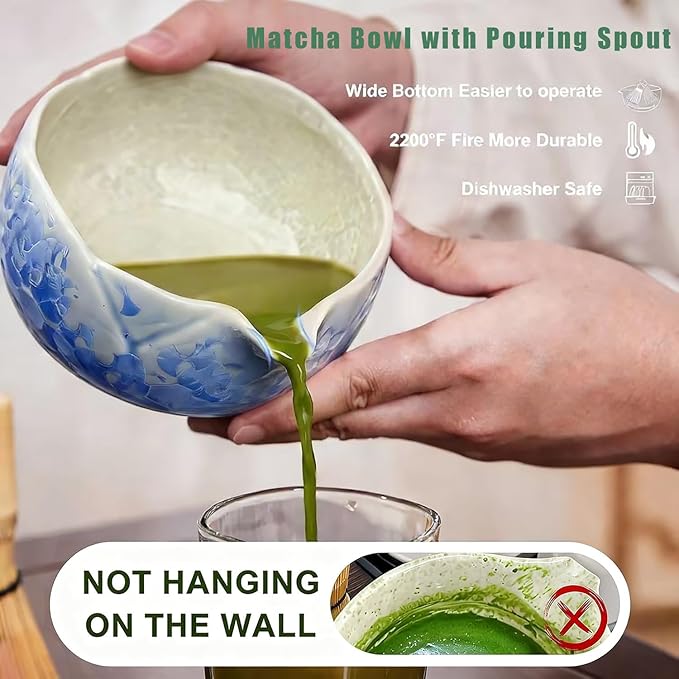 Matcha Set, 8Pcs Crystalline Glaze Ceramic Matcha Kit with Matcha Whisk, Holder, Scoop, Scoop Rest, Sifter, Spoon and Tea Towel - Thoughtful Matcha Whisk Set Gift for Matcha Lovers (Pink)(Blue)