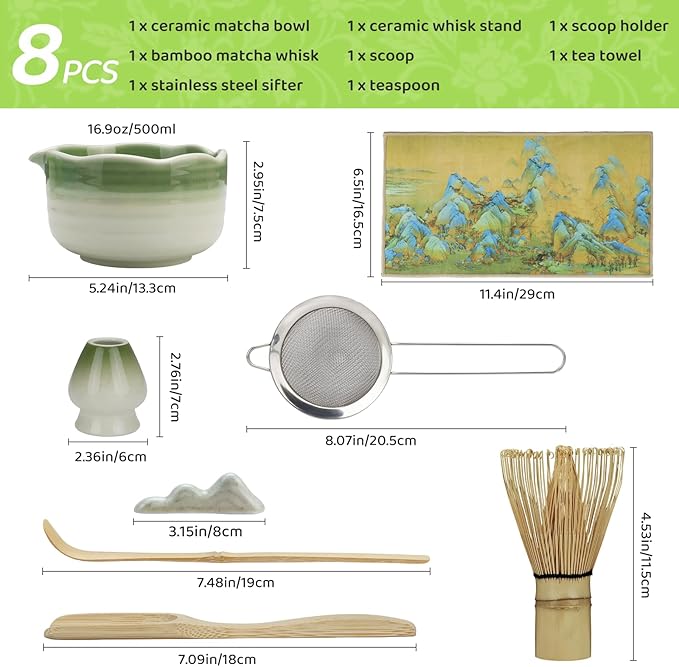 8PCS Matcha Whisk Set, Ceramic Matcha Kit Set, Japanese Tea Ceremony Tools with Matcha Bowl, Spoon, Bamboo Whisk, Holder, Sifter, Tea Cloth, Scoop and Scoop Stand (Dark Green and White)