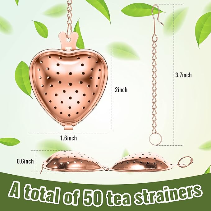Sumind 25 Pcs Heart Tea Strainer Stainless Steel Ball Infuser Loose Leaf Steeper Interval Diffuser Mesh Filters with Extended Chain Hook for Cup Bottle Tea Party Wedding Bridal Shower(Rose Gold)