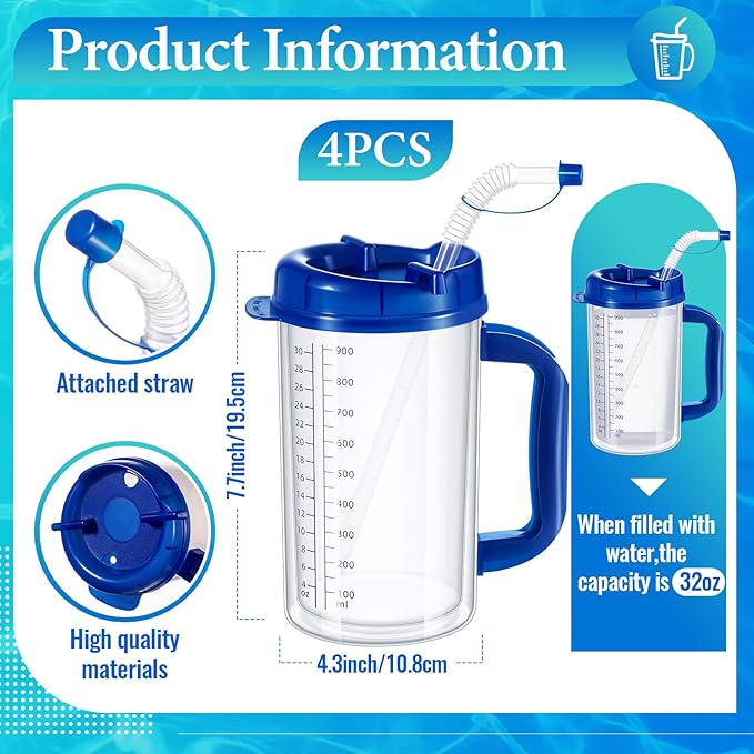 32 oz Hospital Water Cup with Straw and Lid Insulated Double Walled Water Cup with Handle and Straw Elderly Bottle Plastic Drinking Hospital Carafe Insulated Mug(Blue,4)