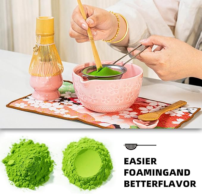 Matcha Whisk Set with Matcha Bowl, Matcha Bamboo Whisk, Scoop, Sifter, Matcha Whisk Holder Unique Gifts for Friend Home Kitchen Decor Gifts for Christmas, Birthday,Halloween (Pink)
