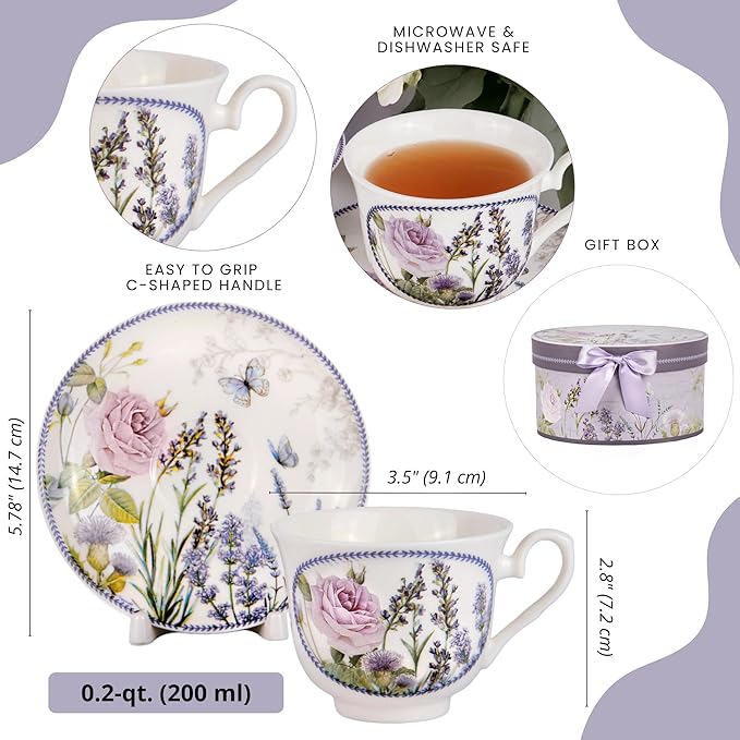 STP GOODS Bone China Tea/Coffee Cup and Saucer in Gift Box Fine Bone China Coffee Cup with Saucer Tea Cup and Saucer Set of One (Lavanda)