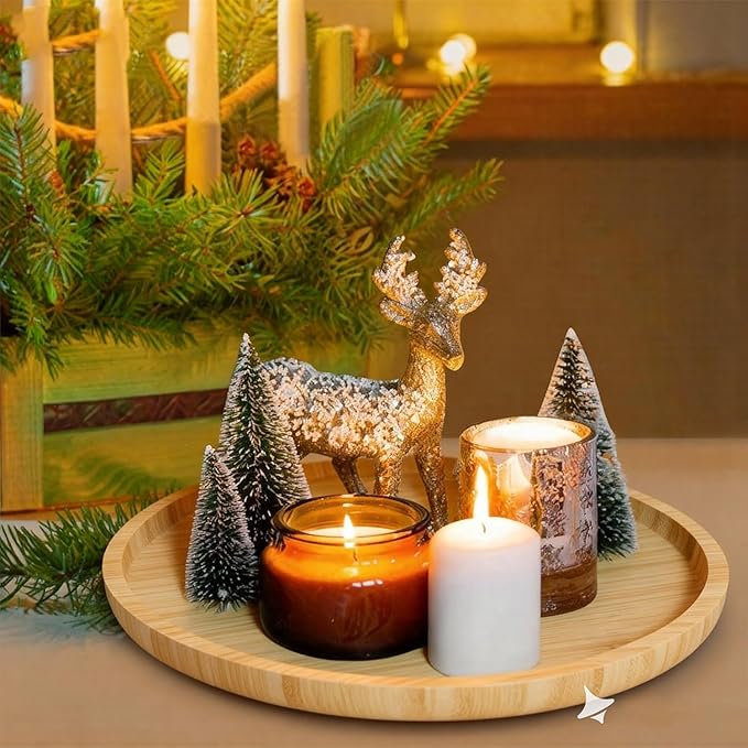 Round Bamboo Decorative Tray,Bamboo Wood Serving Platter Bamboo Breakfast Dinner Food Trays Coffee Tea Serving Tray Fruit platters for Home Hotel Restaurant (1, 11.81"x11.81"x0.78")