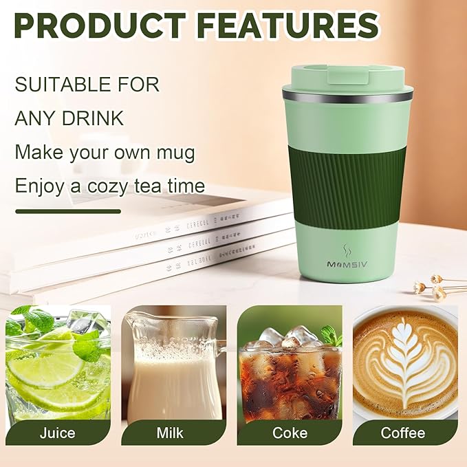 MOMSIV 12oz Travel Mug, Insulated Coffee Cup with Leakproof Lid, Vacuum Stainless Steel Double Walled Reusable Tumbler for Hot and Cold Water Coffee and Tea In Travel and Car (Green-380ml)