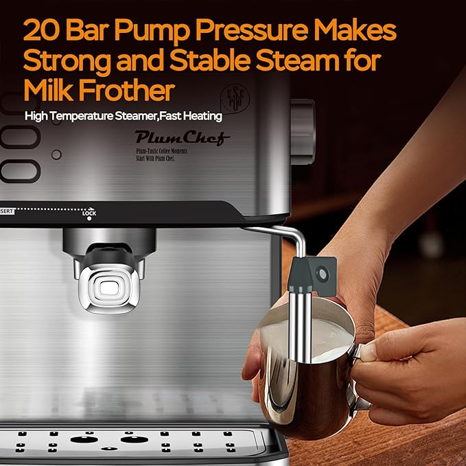 20 Bar Professional Espresso Machine with Milk Frother, Dual Shot, ESE Pod Compatible, 54 OZ Removable Water Tank for Home Barista (Silver Black)